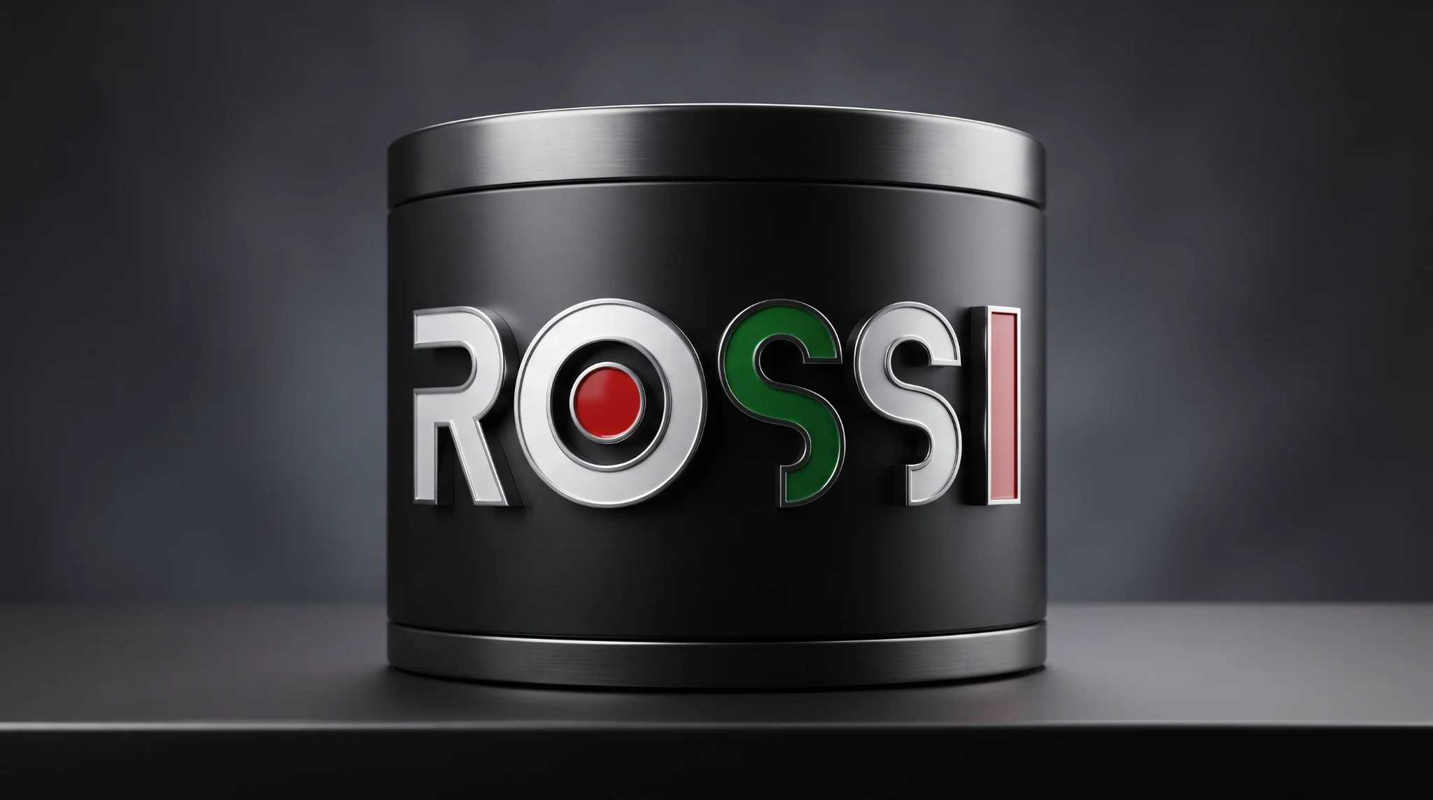 Mockup da identidade Rossi aplicada em relevo metálico sobre um recipiente preto.
